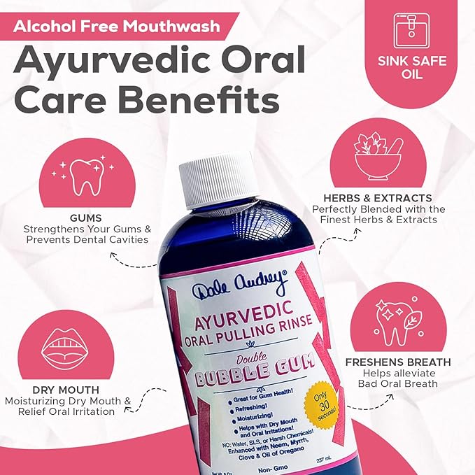 Dale Audrey Ayurvedic Organic Oil Pulling for Teeth and Gums | Oral Rinse Alcohol Free Mouthwash Essential Oils for Bad Breath | Healthy Gums Teeth &amp Fresh Breath (8 Fl Oz (Pack of 3) Variety Pac