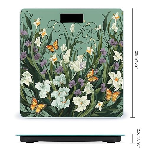 Flowers and Butterflies on Green Background Scale for Body Weight Highly Accurate Digital Bathroom Scale Sturdy Tempered Glass Weighing Scales with LCD Display Fashion Body Fat Smart Scales 400lb