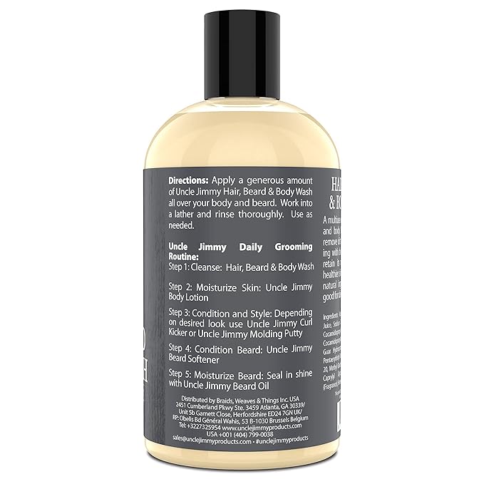 Uncle Jimmy Hair Beard &amp Body Wash | Sulfate Free Paraben Free with Naturally Derived Clean Ingredients Leaving Skin Soft and Hydrating 12 Fl Oz Pack of 4