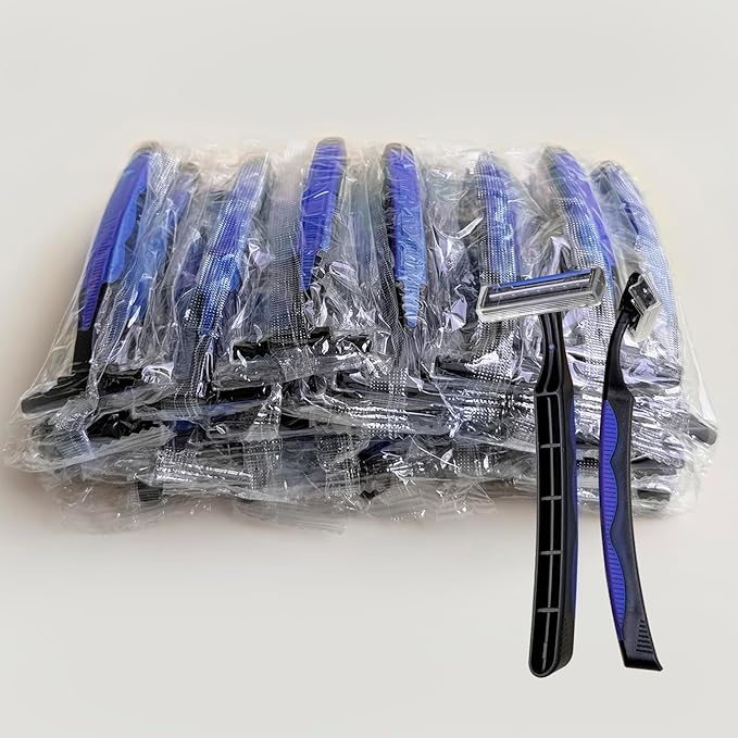 Individually Wrapped 3 Blades Razors Bulk Travel Size Disposable Manual Razors with Stainless Steel Blade (Blue) (100)