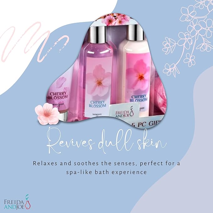 Fragrance Bath &amp Body Collection Gift Box Includes Shower Gel Body Lotion Body Scrub Bath Bomb &amp Sponge (Blue Cherry Blossom) – Mother's Day Gift for Mom