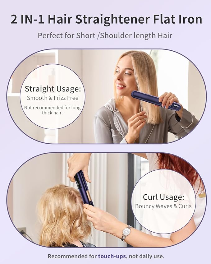 Hoson Cordless Hair StraightenerPortable Mini Flat Iron Travel for BangsShort Hair Rechargeable Curling Iron and Curler 2 in 1Purplefor Touch Ups