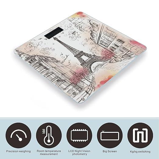 French Paris Tour Eiffel Tower Scale for Body Weight Highly Accurate Digital Bathroom Scale Sturdy Tempered Glass Weighing Scales with LCD Display Fashion Body Fat Smart Scales 400lb