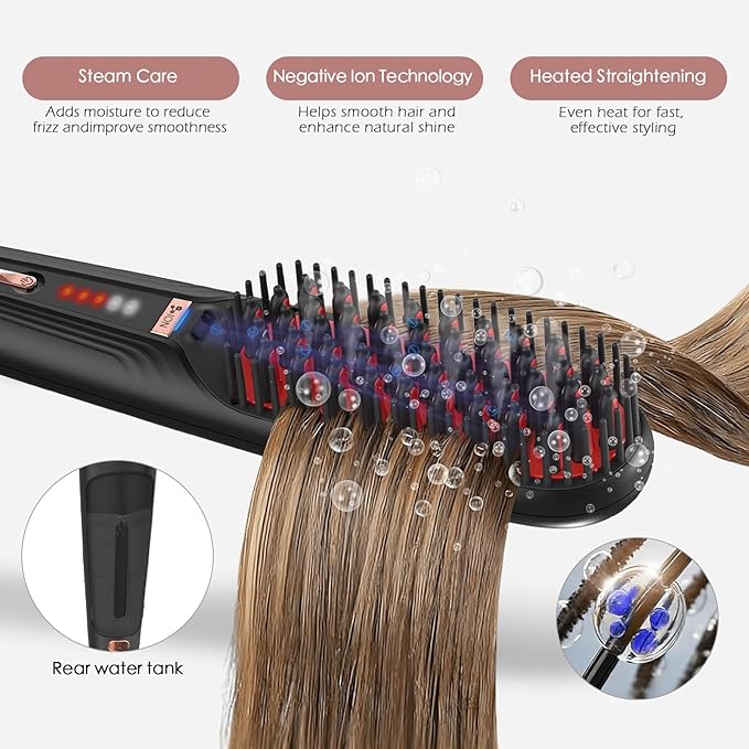 Tome Steam Straighteners for Hair Negative Ion Hair Straightener Brush with 2 Steam Levels 428°F High Heat Electric Hot Comb for Thick &amp Curly Hair Anti-Scald Steam Brush for Women Black