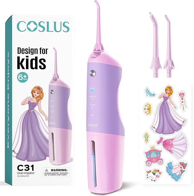 COSLUS C31 Kids Water Dental Flosser Deep Cleaning Picks Portable 4 Modes for Ages 6+ Safe Waterproof Rechargeable with 2 Jet Tips for Gums Care Pink Purple