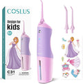 COSLUS C31 Kids Water Dental Flosser Deep Cleaning Picks Portable 4 Modes for Ages 6+ Safe Waterproof Rechargeable with 2 Jet Tips for Gums Care Pink Purple