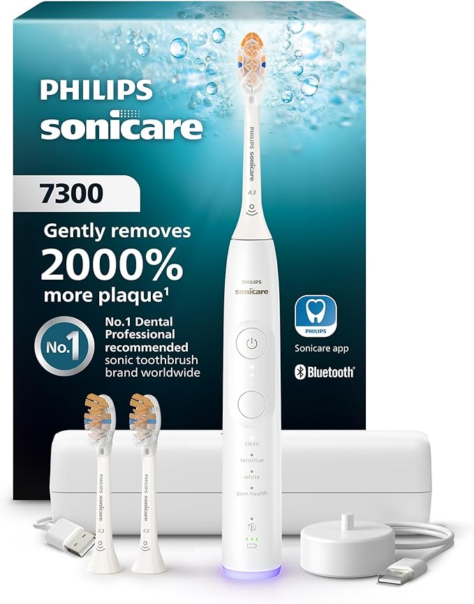 Philips Sonicare 7300 Series Electric Toothbrush - Next-Generation Sonicare Technology Pressure Sensor 12 Brushing Settings SmarTimer BrushPacer 21-Day Runtime Travel Case White HX7420/07