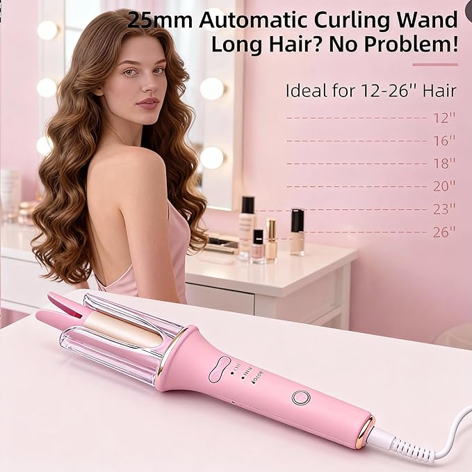 Automatic Hair Curler 25mm - Negative Ion &amp Ceramic Rotating Barrel for Hair Protection 3-Speed Adjustable Temperature Fast Heat Up Anti-Tangle DesignTangle-Free Curling for All Hair