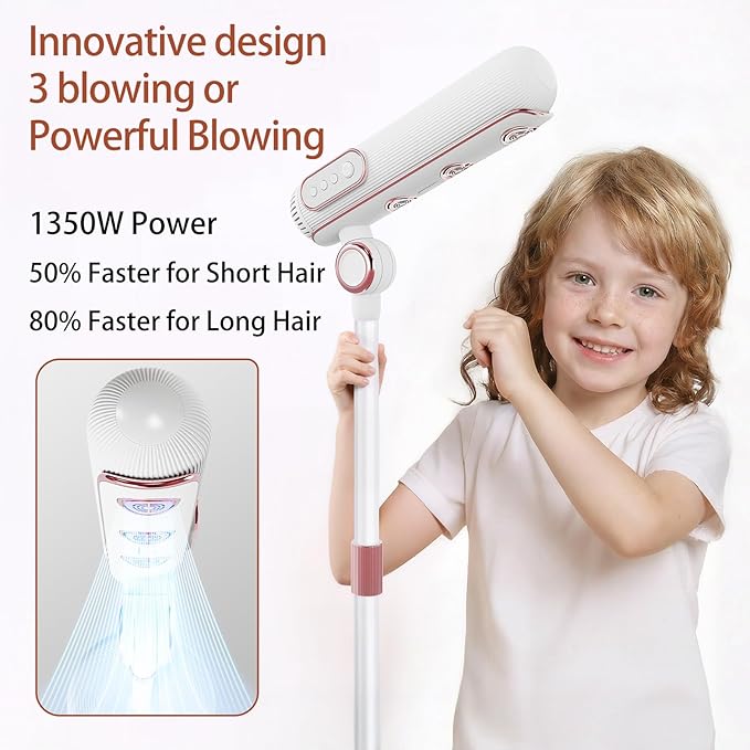 Hand Free High Speed Hair Dryer Floor Adjustable Height 110000 RPM Ionic Brushless Professional Handfree Hair Fast Dryer Three air outlets Low Noise Blow Dryer with Remote Control for Home