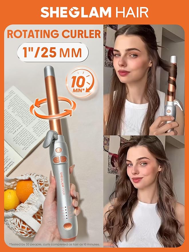 SHEGLAM Rotating Curling Iron Extra Long Curl Cycle 1 Inch Automatic Curling Wand for Long Hair Self Spinning Barrel up to 430°F Dual Voltage