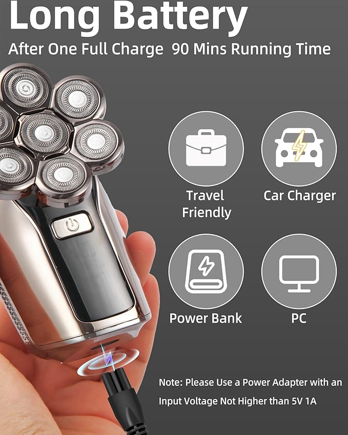 7D Electric Bald Shaver - 5-in-1 Dry/Wet Men's Head Shaver with Led Display &amp IPX7 Waterproof Detachable Rechargeable Razor