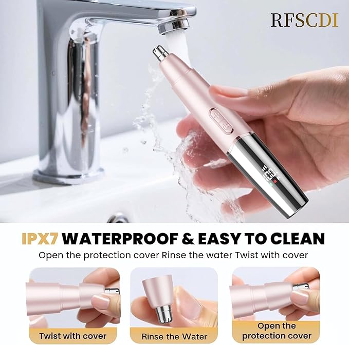 5-in-1 Rechargeable Nose &amp Facial Hair Trimmer - IPX7 Waterproof Dual Edge Grooming Kit for Men &amp Women Perfect for Hair Removal of Nose Eyebrows Arm Bikini and Ear Hair (Pink)