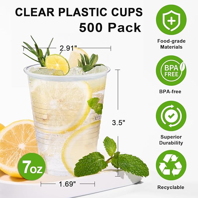 500 Pack 7 oz Plastic Cups Disposable Drinking Cups Water Cups Plastic Clear Cups for Party Wedding Graduation Travel Holiday Events BirthdayColdHot