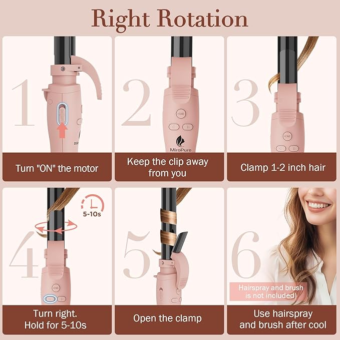 MiroPure Self Rotating Curling Iron 1 Inch Ionic Hair Curler Automatic Curling Wand with Longer Barrel for Waves and Curls Unique Button to Enable/Distable Rotation