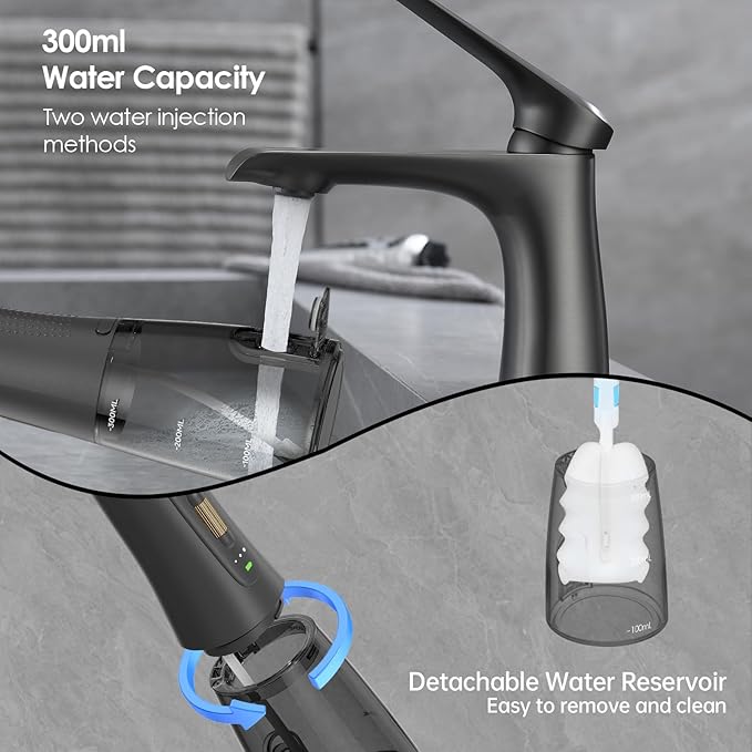 300ML Long-Lasting Battery Life Water Flosser Adjustable Pressure Oral Irrigator Flosser with 4 Interchangeable Nozzle Tips for Implants/Braces/Receding Gums (Black&ampGold)