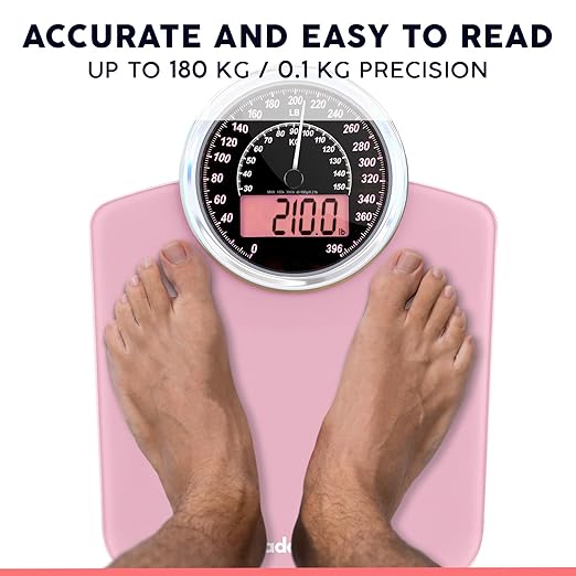 Adamson Hybrid 2-in-1 Analog &amp Digital Weighing Scale for Body Weight up to 400lbs - Thick Tempered Glass - Extra Large Display - Easy to Read Digital Bathroom Scale - New - Pink