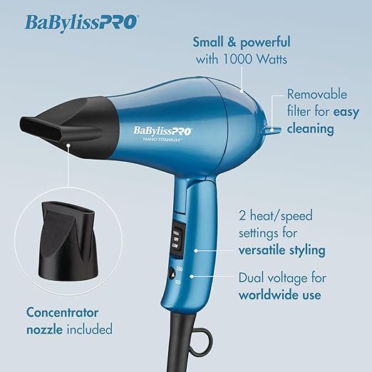 Nano Titanium Travel Hair Dryer 1000 Watt Professional Blow Dryer with Concentrator Nozzle Foldable Handle Dual Voltage