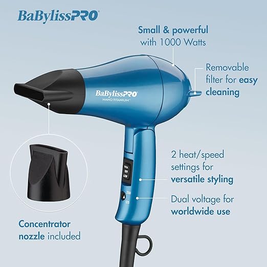 Nano Titanium Travel Hair Dryer 1000 Watt Professional Blow Dryer with Concentrator Nozzle Foldable Handle Dual Voltage