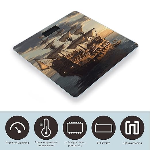 Fantasy Pirate Ship Bathroom Scale Large LCD Backlight Display Digital Scale Rounded Corners Body Scales Automatic Power On/Off Bathroom Scales for Home Bedrooms