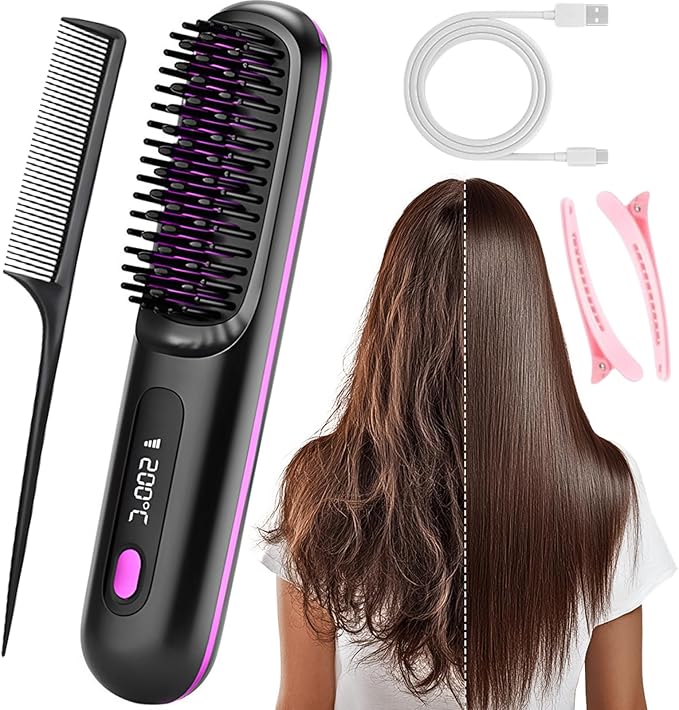 2026 Upgrade Cordless Hair Styling Brush Multi Functional Hair Straightener Brush Max with LED Display Ceramic Hot Comb for Travel Heated Ionic Straightening Combs for Women (White) (Black)