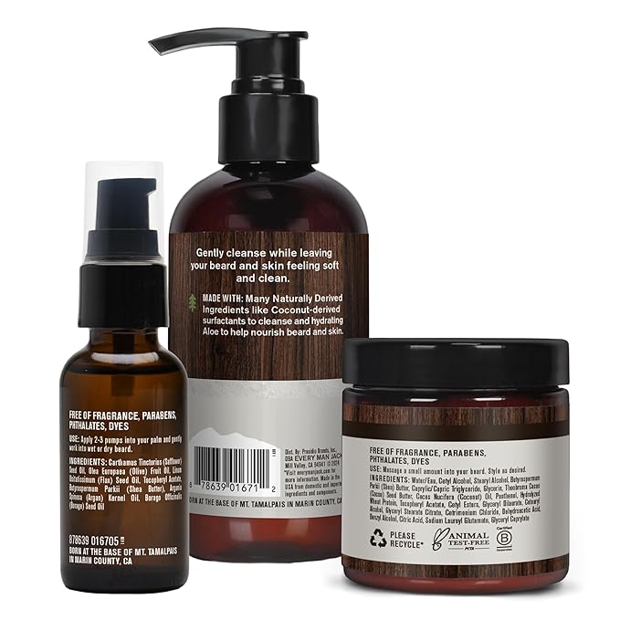 Every Man Jack Unscented Beard Bundle - Fragrance Free for Sensitive Skin - Contains (1) each of Beard &amp Face Wash Beard Butter and Beard Oil
