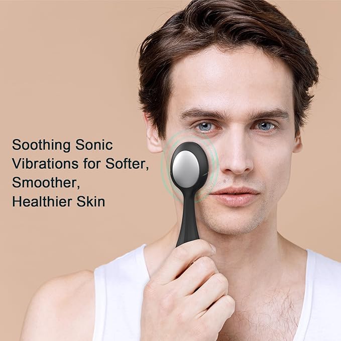 Perry Ellis 4-Speed Facial Cleansing Brush for Men Silicone Face Scrubber &amp Exfoliating Tool with Cooling Plate IPX6 Waterproof Electric Face Cleanser USB Rechargeable 5-Hour Battery