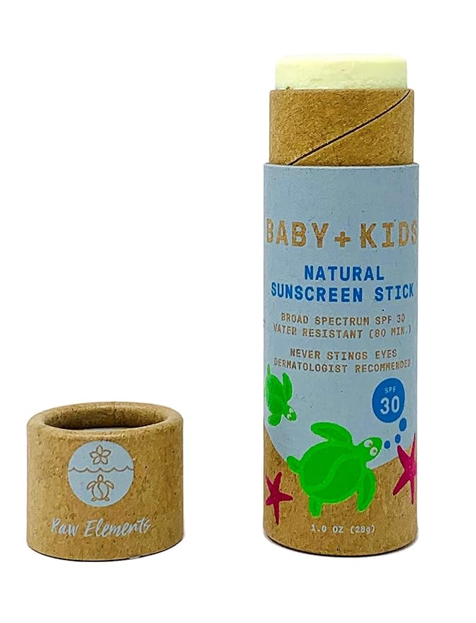 Raw Elements Baby + Kids SPF 30 Organic Sunscreen Zero-Waste Bundle with Lotion Tin 3oz Lotion Stick 1oz and Hemp Drawstring Bag