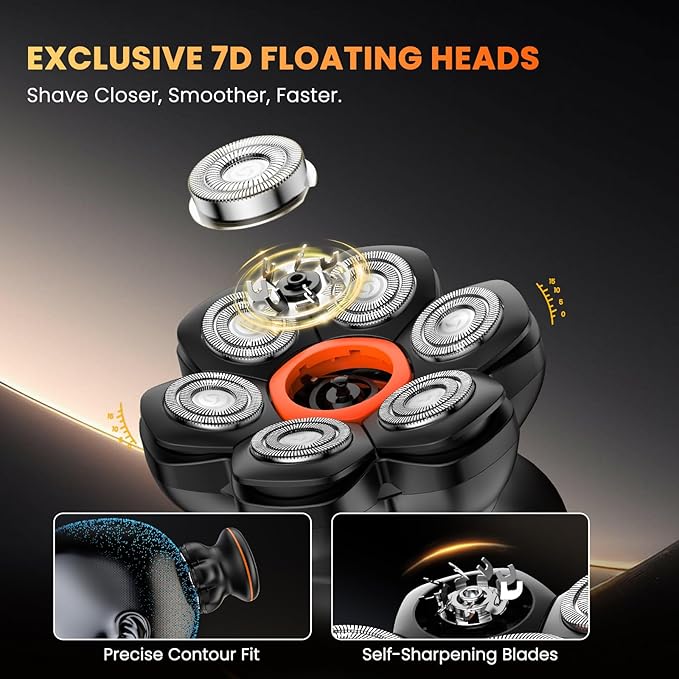 7D Head Shaver for Bald Men Electric Razor with Upgraded Flexible Blades Long Battery Life IPX6 Waterproof LED Display Ergonomic Design Rechargeable 2 Speed Settings Easy to Clean