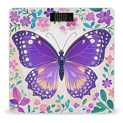 Cute Purple Butterfly Bathroom Scale for Body Weight with High Precision Large LCD Backlight Display Digital Weighing Scale with BMI Capacity Up to 180kg