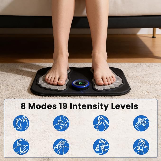 Portable Foot Massager Rechargeable Circulation Stimulator with 8 Modes 19 Intensities 4 Body Pads Lightweight Design for Home Travel Office Use