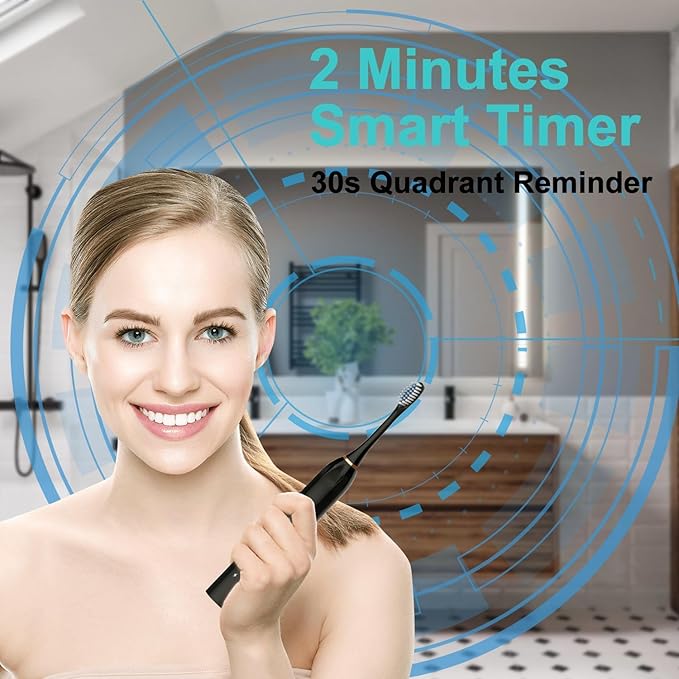 X-3 Electric Sonic Toothbrush with 2 Minute Smart Timer 30s Pause Reminder 45000 VPM 6 Modes 3 Replacement Brush Heads IPX7 Waterproof USB Fast Charging Black