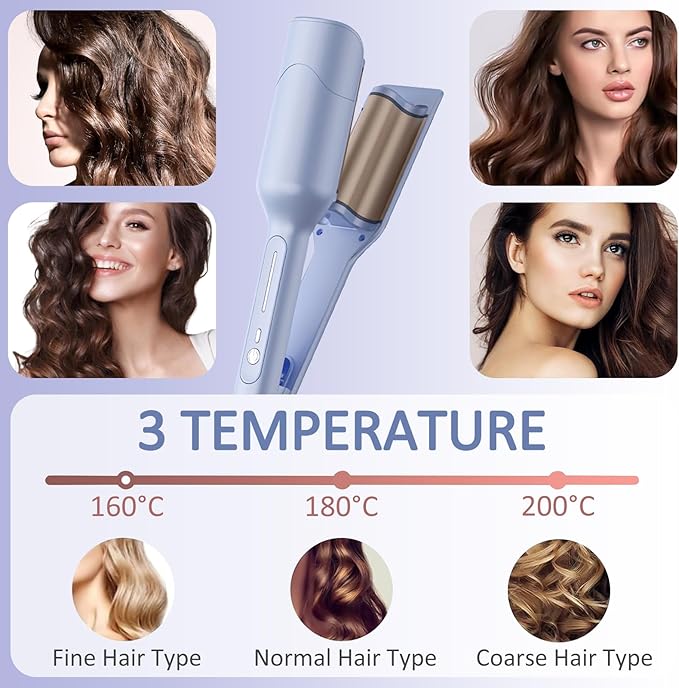 Ionic Wave Curling Iron Hair Crimper with 3 Adjustable Temperatures for Women Fast Heating Anti-Scald Hair Tool with Intelligent Power Off for Beach Waves and Curls (Blue)