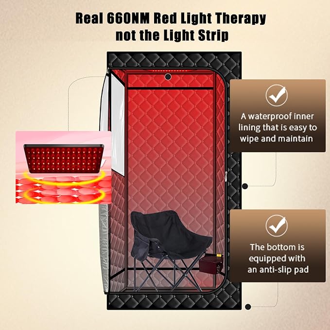 Smartmak Portable Sauna with Infrared 660nm Red Light Therapy Lamp for Home Relaxation Personal Large Full Body Sauna Spa Tent 1500W Fast Heating Hot Air Saunas Folding Chair Indoor Use 130–150°F