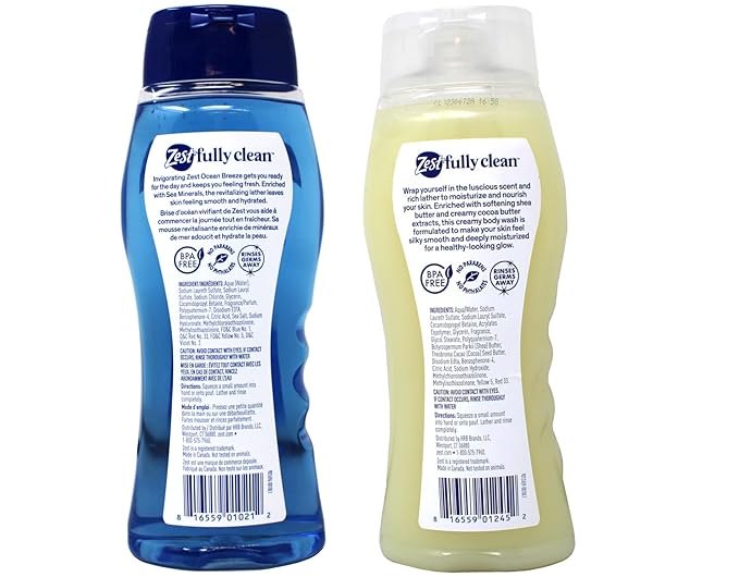 Zest Creamy Indulgence Cocoa Butter &amp Shea Moisturizing Body Wash 18 fl oz + Ocean Breeze Refreshing Body Wash 18 fl oz