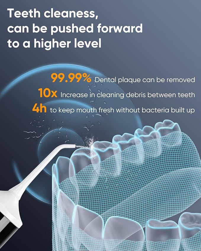 MySmile LP221 Self Cleaning Cordless Water Flossers for Teeth 335ML Portable OLED Display Dental Flosser with 4 Modes 18 Jet Tips and a Storage Pouch for Home and Travel (White+Black)