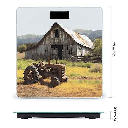 Old Wooden Barn with Rusted Tractor Digital Bathroom Scale for Body Weight with High Precision Digital Weighing Scale with BMI Clear LCD Display and Step-On Measures Weight Up to 180kg