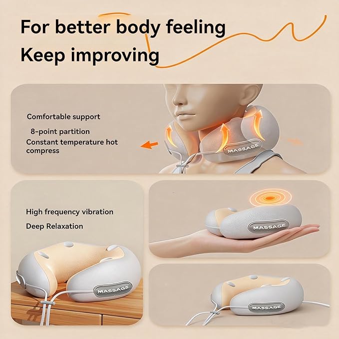 Neck Massager with Heat Rechargeable Heated Vibrating Massage Pillow Portable Neck Massager for Long Journeys on Planes and in Cars and for Office naps (Blue)