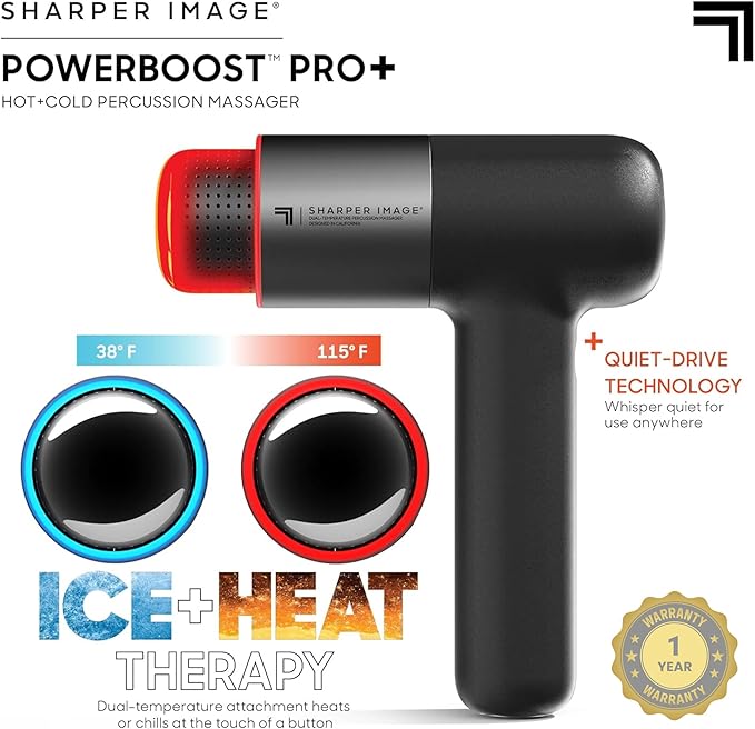 Sharper Image Powerboost Hot + Cold Massage Gun Bundle - Deep Tissue Percussion Massagers with Heat/Cool Therapy Multiple Attachments &amp Speeds Quiet Ergonomic Design Muscle Relief Workout Recov