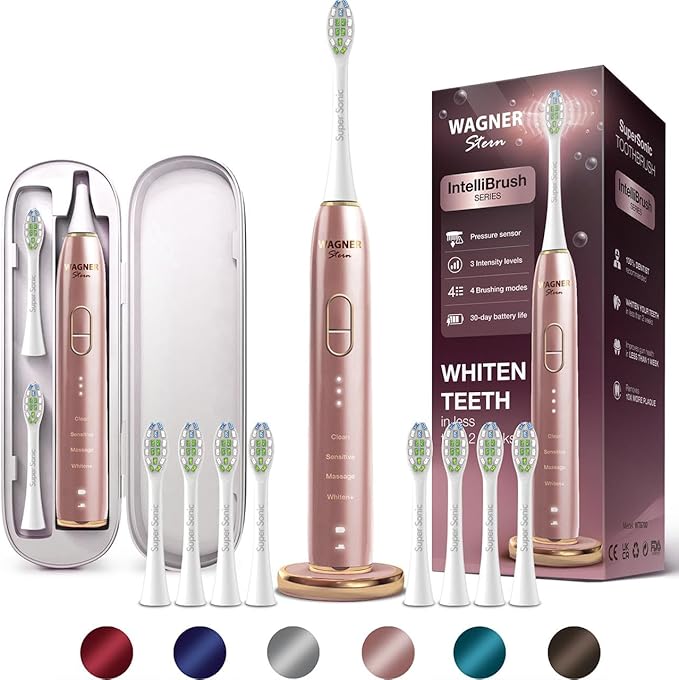 Wagner Stern IntelliBrush Series Whitening Electric Toothbrush with Pressure Sensor. Offers 4 Brushing Modes 3 intensities 8 Soft Brush Heads and a Luxury Travel case.