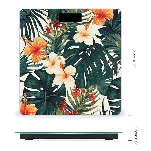 Tropical Summer Hawaiian Flower Palm Leaves Weight ScaleClear LED Display Bathroom Digital Weighing ScaleTempered Glass Digital Bathroom Scale for Body Weight Capacity Up to 400 Lbs