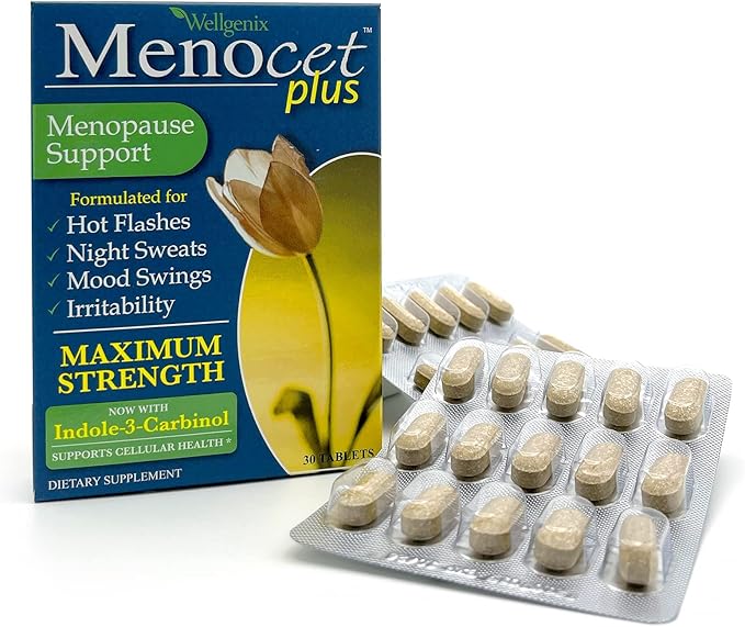 Wellgenix Menocet Plus Menopause Support - Natural Supplement for Women - Daily Relief Feminine Care - Helps with Hot Flashes Night Sweats Mood Swings &amp Irritability - 30 Tablets