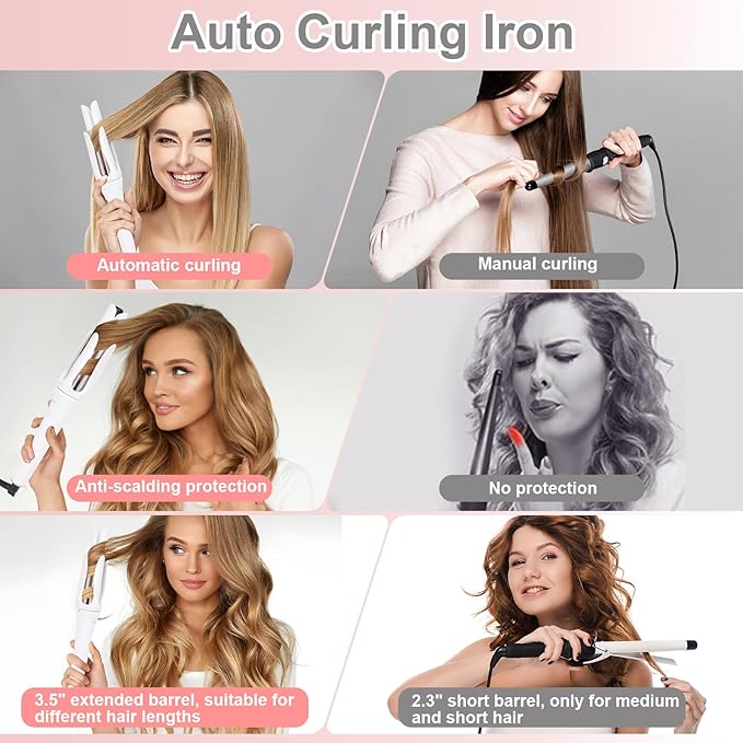 Automatic Curling Iron | Automatic Curling Iron Rotating | 1.25-inch Ceramic Curling Wand | Simple Safe Anti-scalding Long-Lasting 8-Second Timer | Lightweight and Portable Dual Voltage White