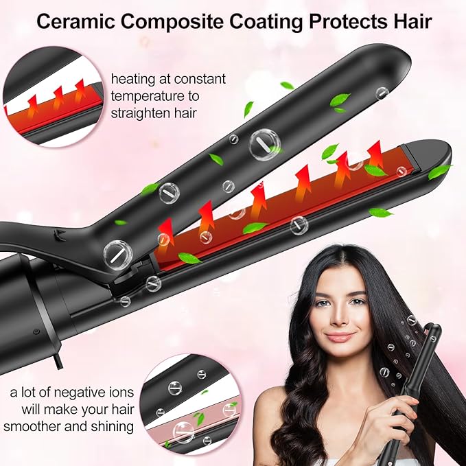 6 in 1 Hair Straightener Flat Iron and Curle Professional Hair Curler Ceramic Ionic Dual Voltage Straightener with Heat-Resistant Lock in Style Instant Heat Up