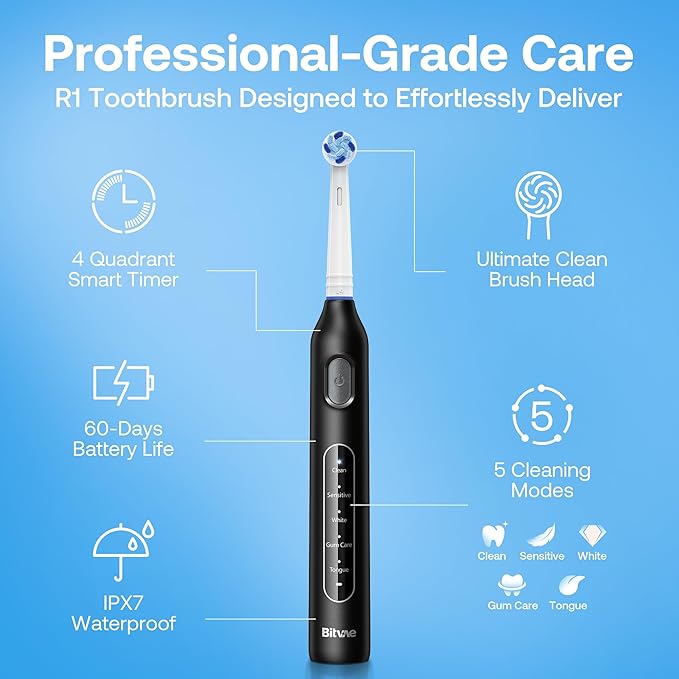 Bitvae R1 Rotating Electric Toothbrush with 8 Brush Heads for Adults and Kids 60-Day Battery Life 5 Modes Rechargeable Power Toothbrush with 2-Minute Smart Timer Black