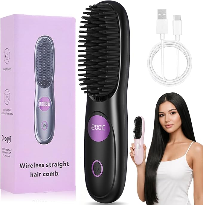 Go Brush Pro Gobrush Pro Portable Straightener Brush Cordless Hair Straightener Brush for Short Hair 3 Adjustable Temperature LED Display Upgraded Fast Heating Hairs Comb for Women Travel (Black)