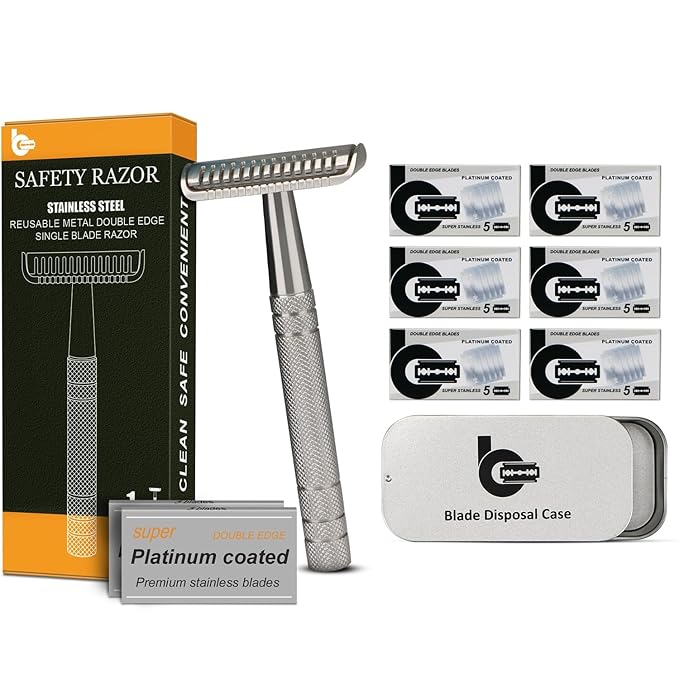 Silver Stainless Steel Safety Razor with Razor Blade Disposal Container