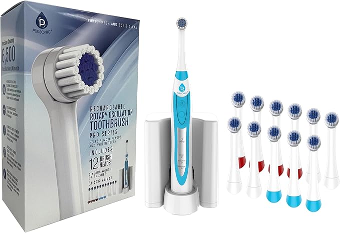 Pursonic S330 Deluxe Electric Toothbrush - Ultra Whitening Oscillating Rechargeable Battery Toothbrush for Adults with Dock Charger &amp 12 Brush Heads (Value Pack) (White)