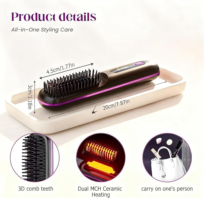 2026 New Cordless Hair Straightening Brush with LCD Display Fast Heating Portable Hair Straightener USB-C Charging for Travel Home (Purple)