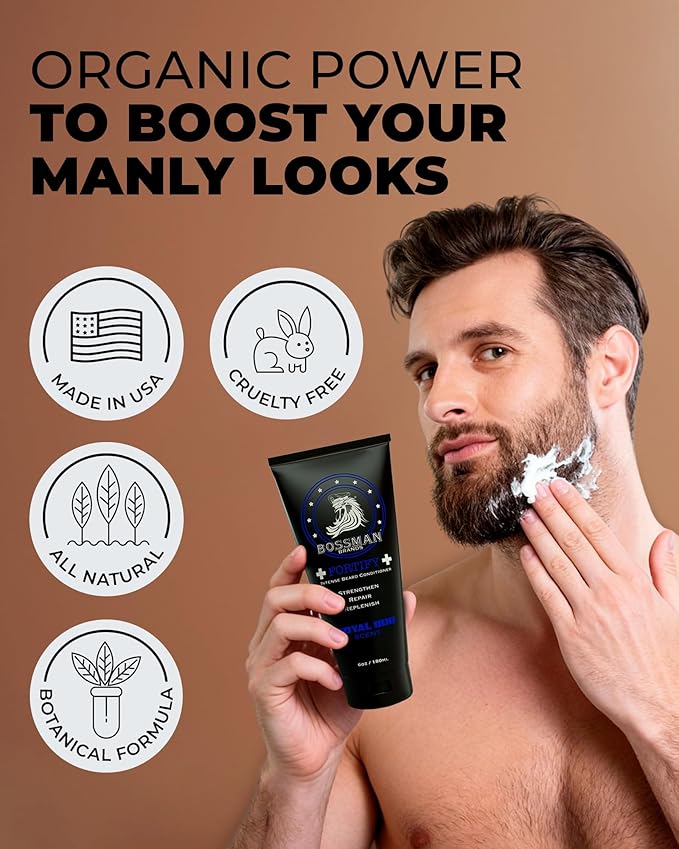 Bossman Essentials Beard Kit for Men Set of 3 - Beard Oil Jelly Fortifying Conditioner Cream Beard Balm - Grooming Growth Care Accessories - Gift Set for Men (Naked - Unscented)