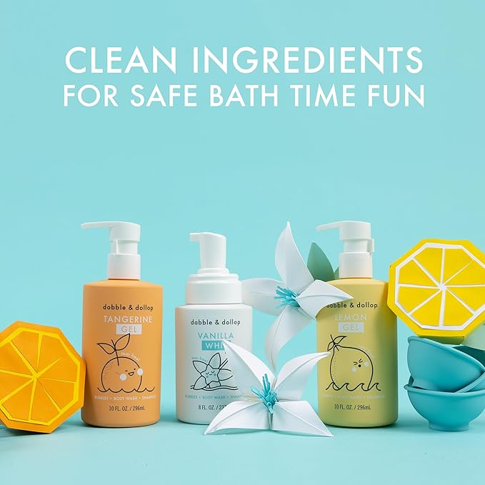Dabble &amp Dollop Citrus Kiss Bundle Natural Bubble Bath Body Wash &amp Shampoo for Kids Paraben &amp Sulfate Free Vegan Gluten-Free Tear-Free Tangerine Vanilla Lemon (Set of 3)